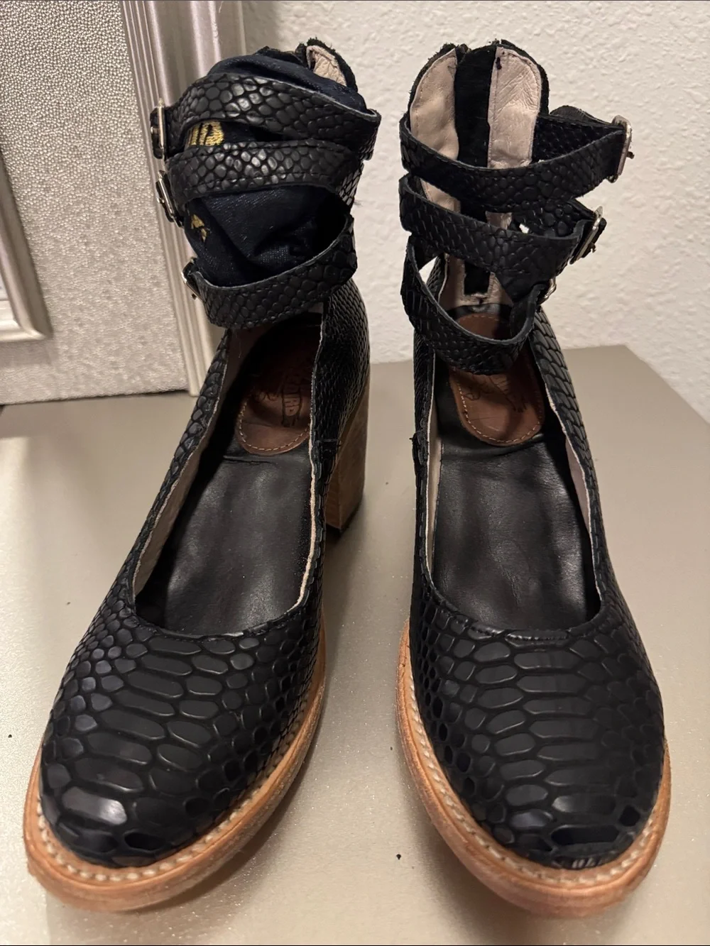 Freebird by Steven Black Faux-Snakeskin Triple-Strap Block Heel Booties - Picture 1 of 4